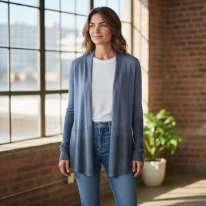 Eileen Fisher Women's Gray Blue Tie Dye Knit Open Cardigan Sweater Sz S Long VG